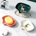 Ceramic Self-Draining Soap Dish with Metal Stand - Premium Waterfall Design Decorative Soap Holder for Bathroom & Shower