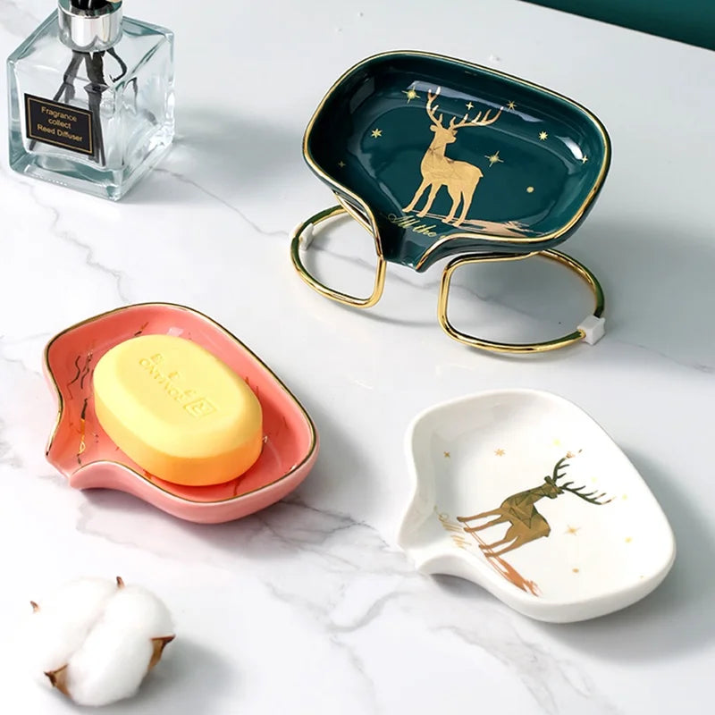 Ceramic Self-Draining Soap Dish with Metal Stand - Premium Waterfall Design Decorative Soap Holder for Bathroom & Shower