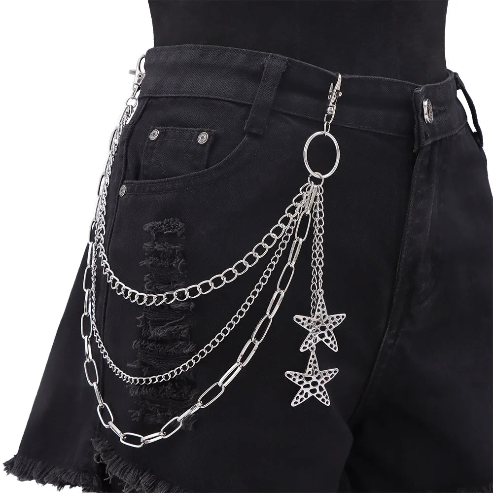 Punk Fashion Keys Chain Multiple Layers Silver Colors Chain Charm Star Pendant Pants Belts Jeans Chain for Men Women  Jewelry