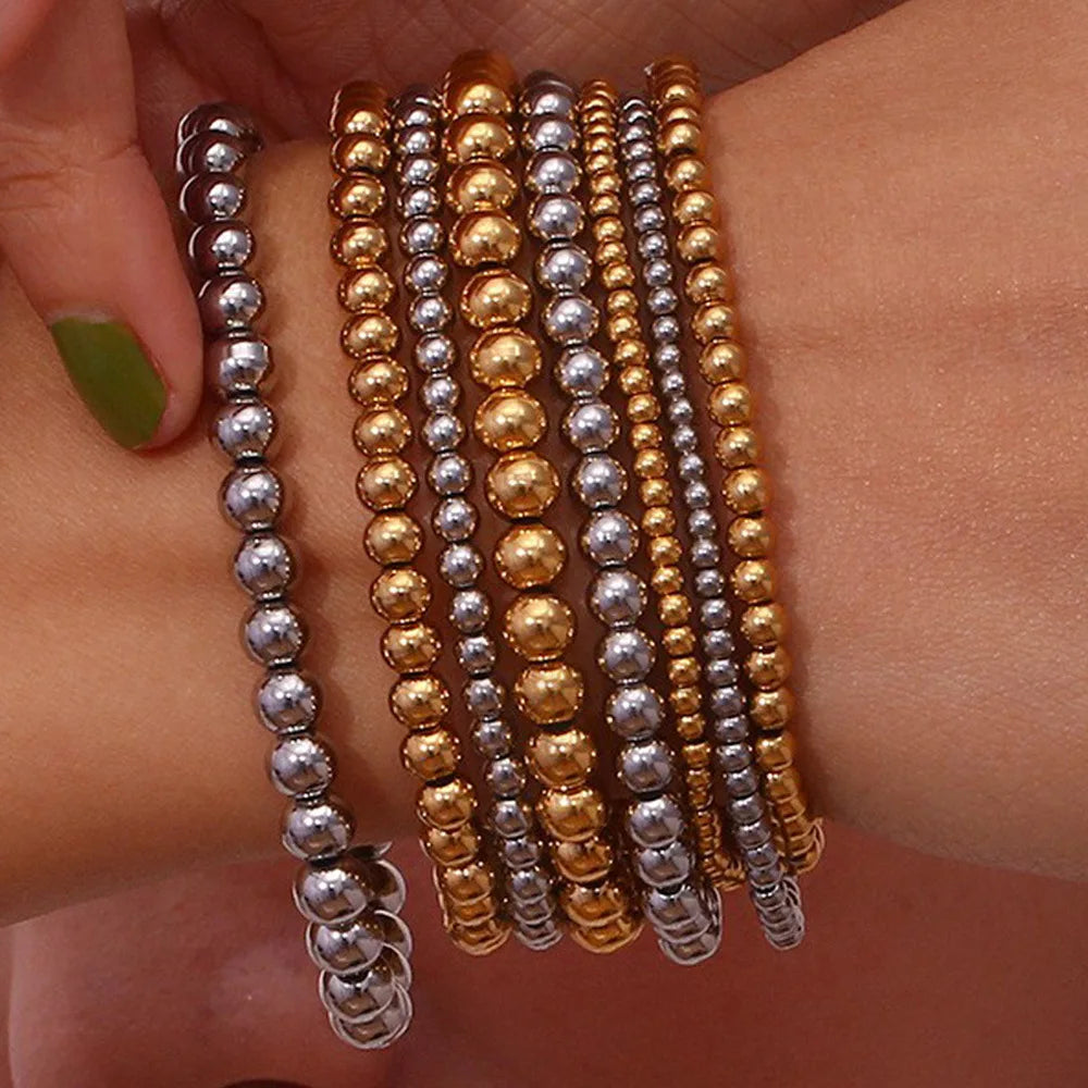 18K Gold Plated 316L Stainless Steel Bracelet Jewelry Vintage Stainless Steel Beads Elasticity Bracelet for Men Women