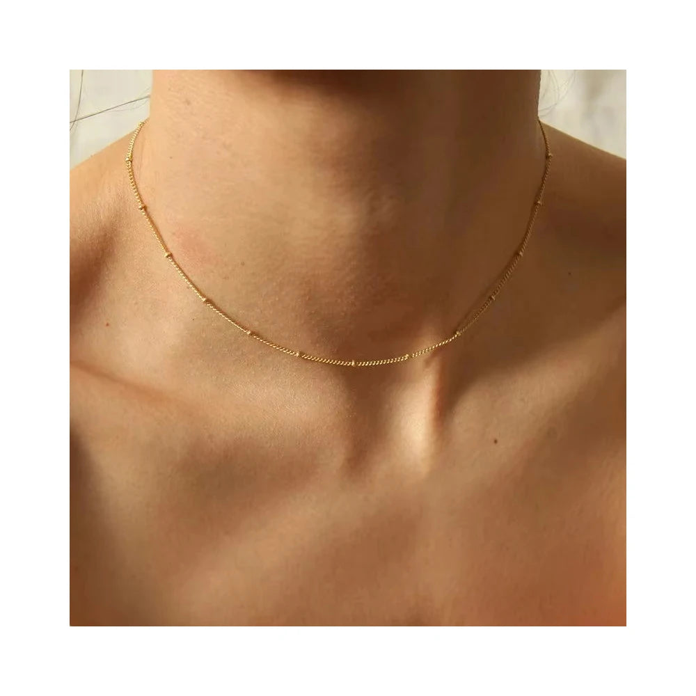 Delicate Stainless Steel Jewelry for Women Girls 18K Gold Plated Shiny Thin Bead Chain Necklace Mini Chain Chokers Necklace