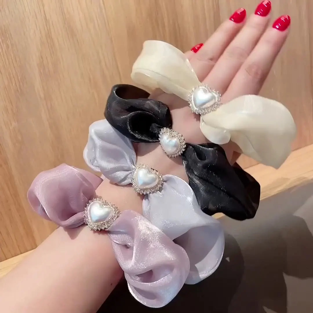 BPHNE Fashion Girl Silky Hair Scrunchies with Pearl Heart Decorate Hair Ties Elastic for Hair Bands Headwear Scrunchies