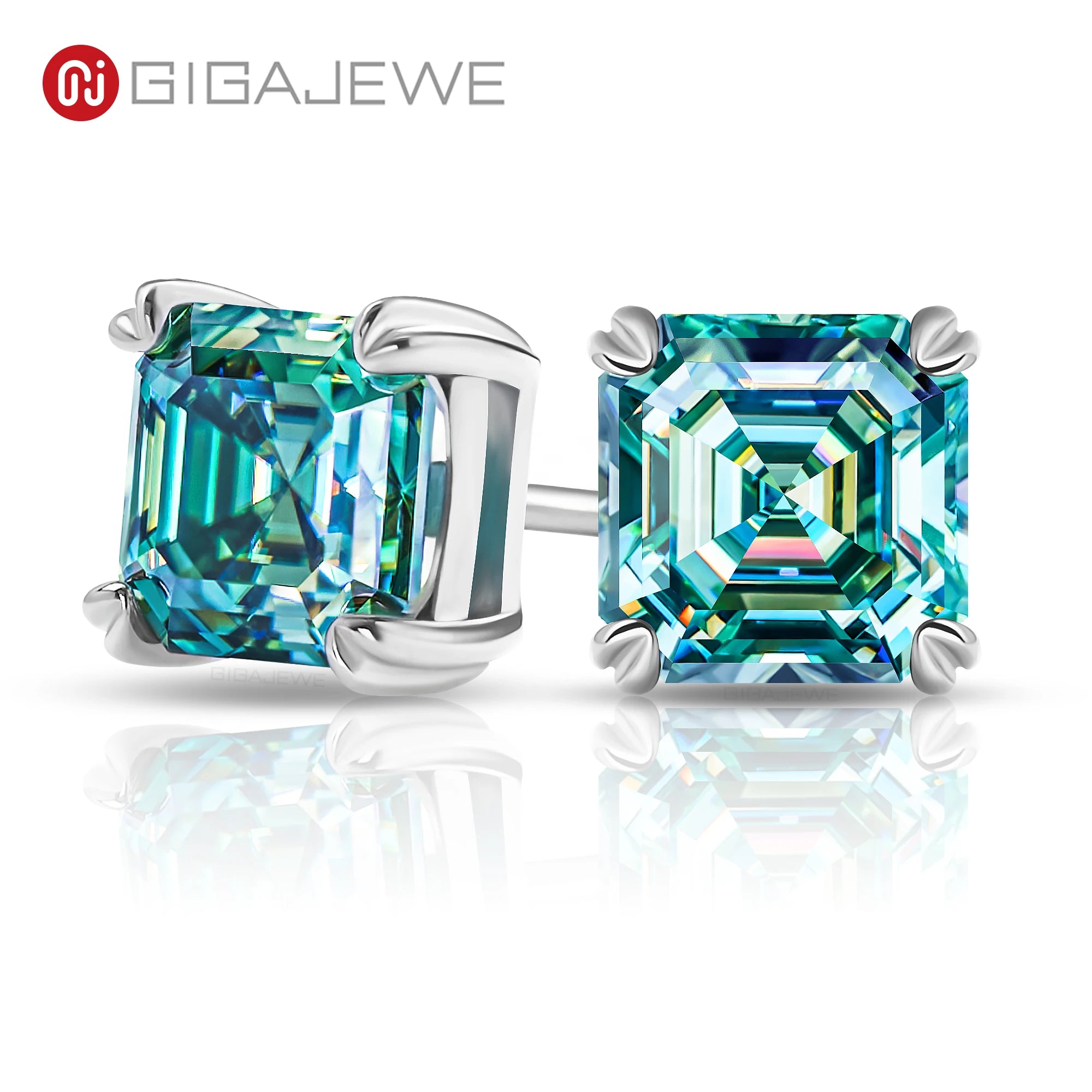 GIGAJEWE 6mm/7mm 1.0ct/2.0ct Asscher Cut Blue Green Cyan White Color Moissanite 925 Sterling Silver Earings for Women Gift