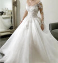 9140#Long Tail Luxury Puffy O-Neck Illusion Lace Long Sleeve Applique Sequined Princess Ball Gown Wedding  Dresses Bridal Gown