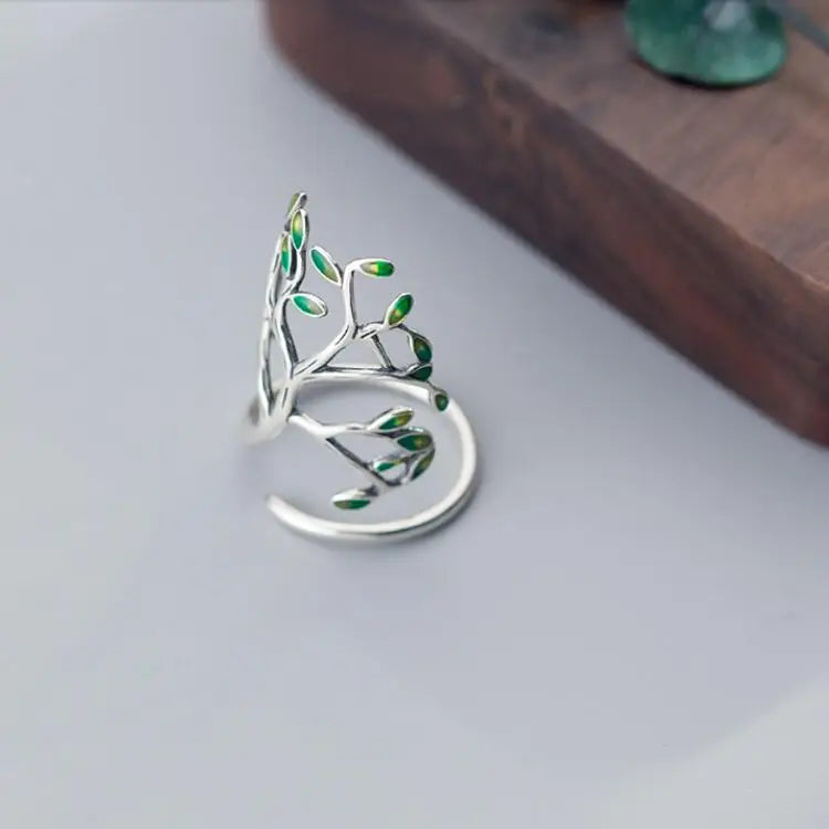 Classic Woman Green Leaf Branch Gift Resizable 925 Sterling Silver Ring with Pendants Wedding Jewelry