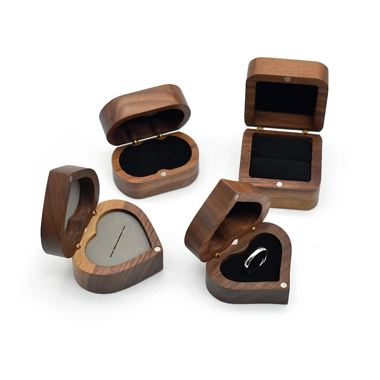 Wholesale Ring Box Heart Shaped Mini Luxury Walnut Wood Jewelry Ring Box for Wedding