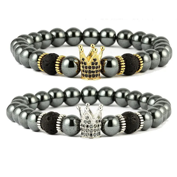 8mm Gold Plated Beaded Jade Neo-Gothic Buddhism Crown Bracelet for Men