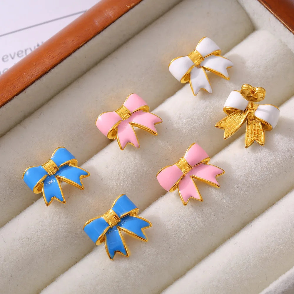 Hot Selling Fashion 18k Gold-plated Stainless Steel Colored Enamel Bow Stud Earrings Waterproof Hypoallergenic Women's Jewelry