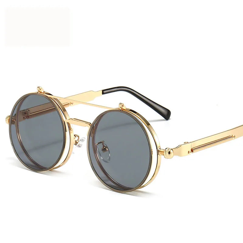 2025 New Retro Metal Punk Steam Clamshell Sun Glasses Men and Women Versions Metal Round Eye Protection Sunglasses