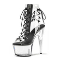 Transparent Crystal Platform Fish Mouth Sandals 17 cm Black High-Heels 6.6 Inch Thin Lace Pole Dance Ankle Boots