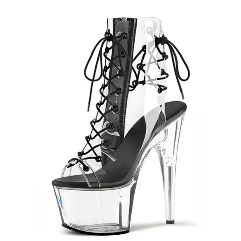 Transparent Crystal Platform Fish Mouth Sandals 17 cm Black High-Heels 6.6 Inch Thin Lace Pole Dance Ankle Boots