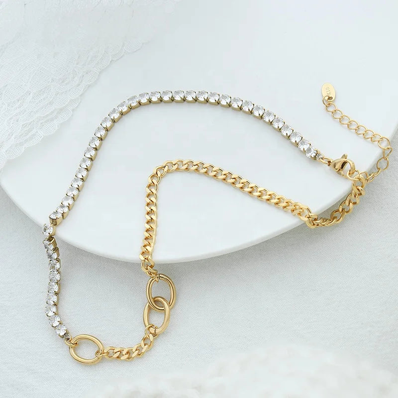 Fashion Stitching Diamond Studded Necklace for Women 18K Gold Plated Stainless Steel Necklace