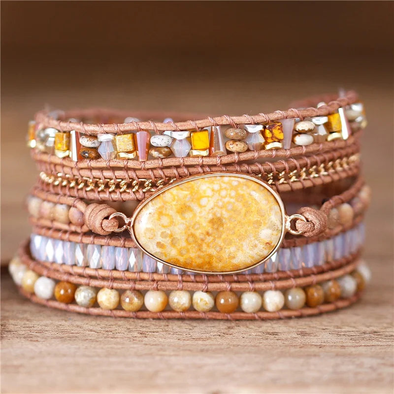 New Chrysanthemum Charm Leather Wrap Bracelet Boho Natural Stones Beads Crystal Weaving Statement Bracelet Jewelry Wholesale