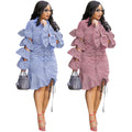 S-3XL Ruffle Long Sleeve Sexy Blouse Shirt Dress Women Turn Down Collar Button Irregular Autumn Fashion Striped Dress EL5288
