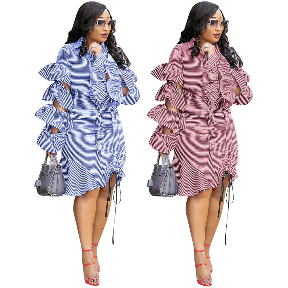 S-3XL Ruffle Long Sleeve Sexy Blouse Shirt Dress Women Turn Down Collar Button Irregular Autumn Fashion Striped Dress EL5288