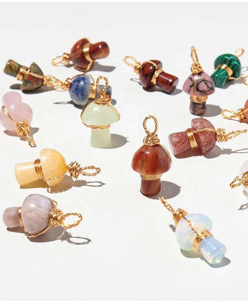 2cm Mini Mushroom Wire Wrapped Woven Pendantnatural Sakura Agate Rose Quartz Amethyst Opal Necklacemushroom Handmade Jewelry