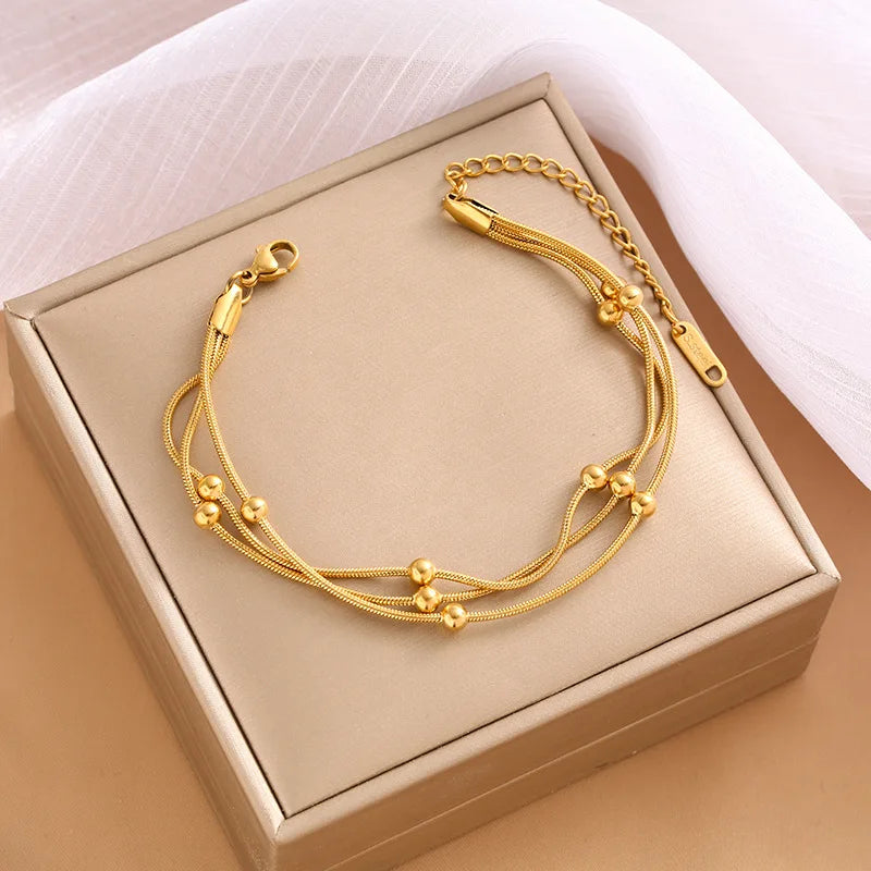 18K Gold Plated European and American Women Lucky Beads Multiple Three Layers Stainless Steel Snake Chain Bracelet