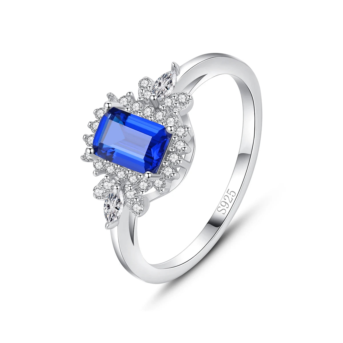 CZCITY S925 Sterling Silver Flower Luxury Jewelry Women Wedding Engagement Ring Christmas Gift New Blue Synthetic Gemstone Rings