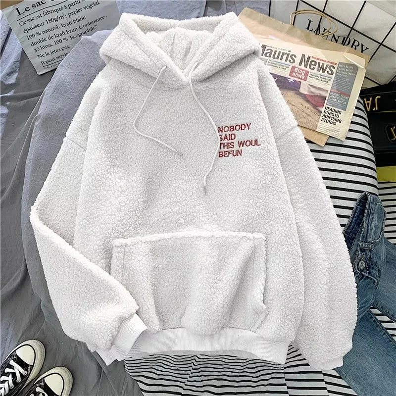 Hooded Sweatshirt Solid Pullover Winter Thick Warm Coat Lady Loose Fit Long Sleeve Tops Womens Hoodie 2024