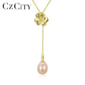 CZCITY Flower Graceful Freshwater Pearl 925 Silver Pendant Necklace for Women