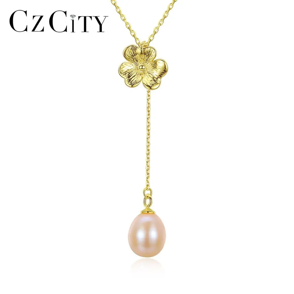 CZCITY Flower Graceful Freshwater Pearl 925 Silver Pendant Necklace for Women