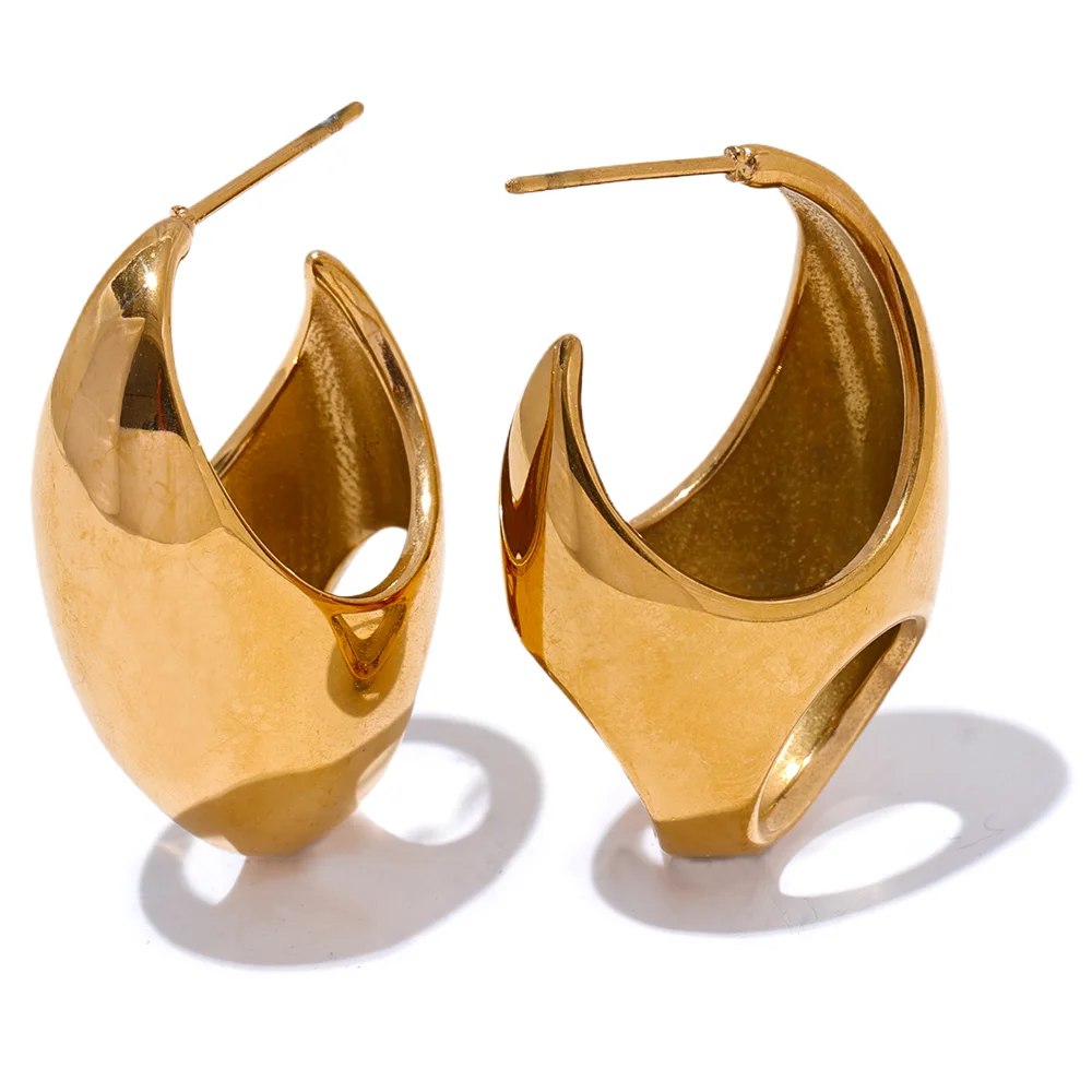 JINYOU 3061 Fashion Glossy Smooth Stainless Steel Geometric Hollow Huggie Earrings Gold Silver Waterproof Minimalist Jewelry