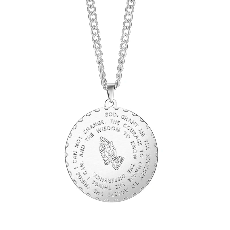 Bible Verse Prayer Necklace Free Chain Christian Jewelry Stainless Steel Praying Hands Coin Medal Pendant