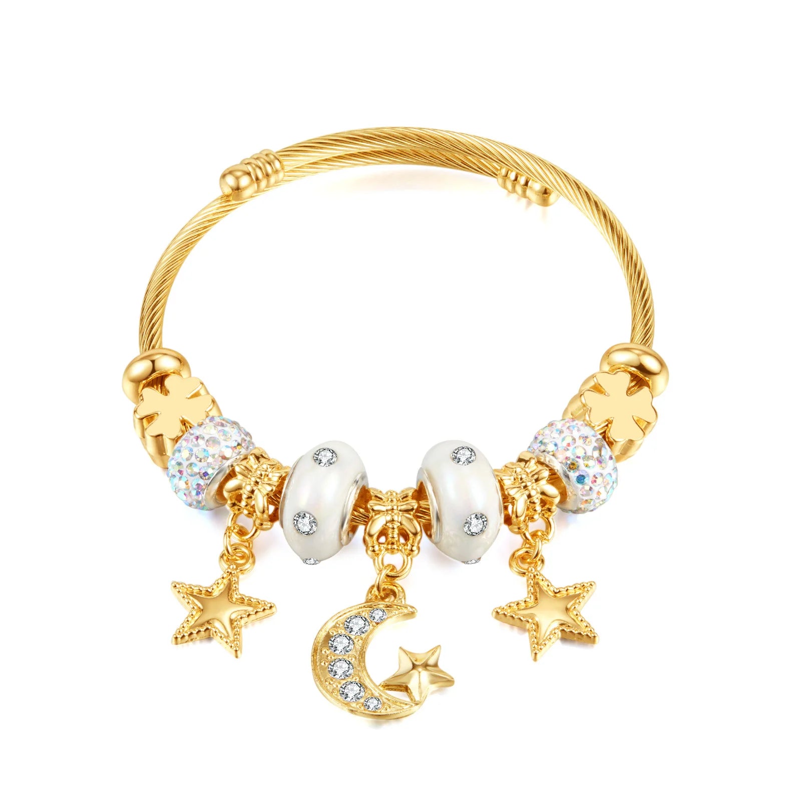 Wholesale Real Gold Plated Stainless Steel DIY Charm Bracelet Lovely Moon Stars Open Size Bangle Fashionable