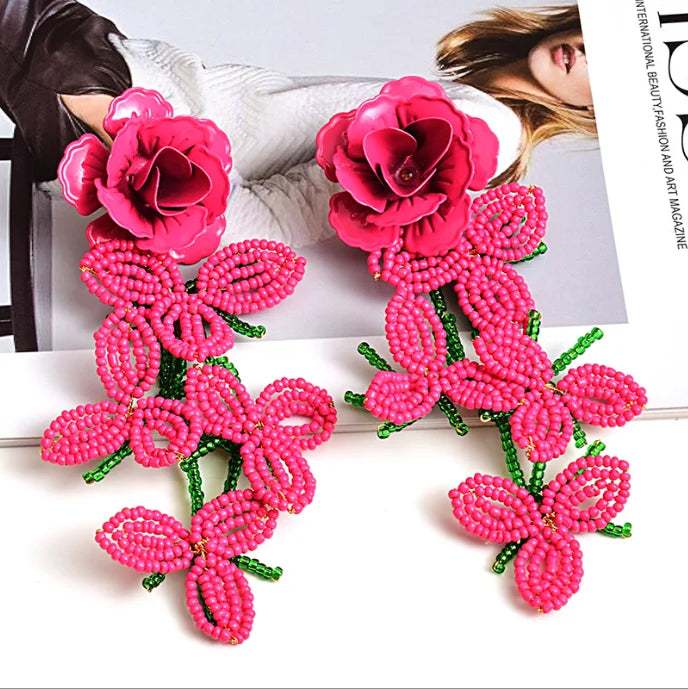 New Exaggerated Big Earrings Statement High-quality Handmade Beads Rose Flowers Long Drop Earring Jewelry Accessories for Women