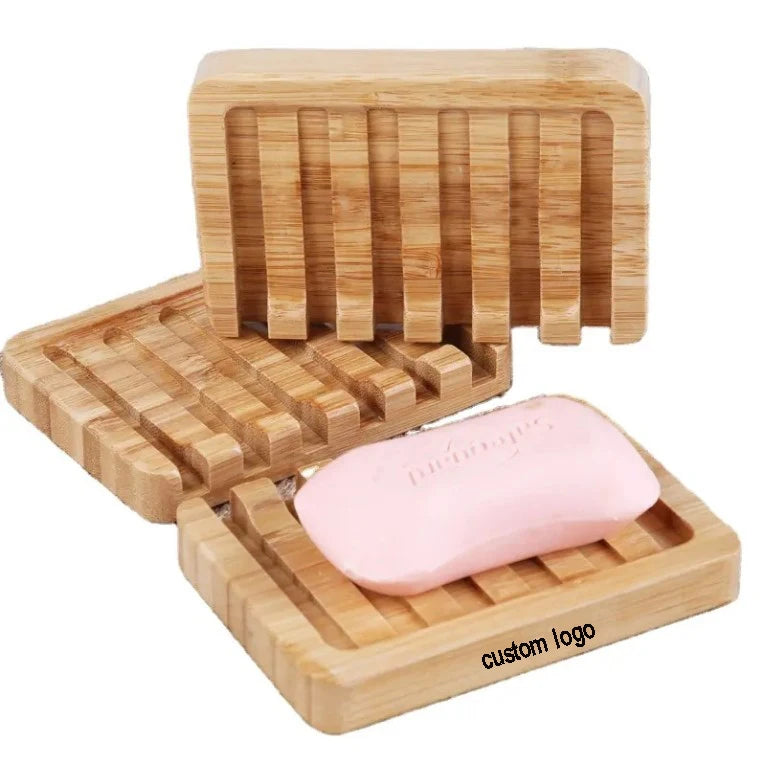 Custom logo Natural Soap Storage Container Bamboo Wood Bar Soap Saver Case Holder with Self Draining Tray Bamboo Soap Dish