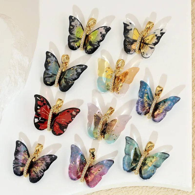 Resin Butterfly Pendant Micro Paved Zircon Charms Colorful Transparent Epoxy Butterfly Necklace Pendant for Women Jewelry Making MegaBDM