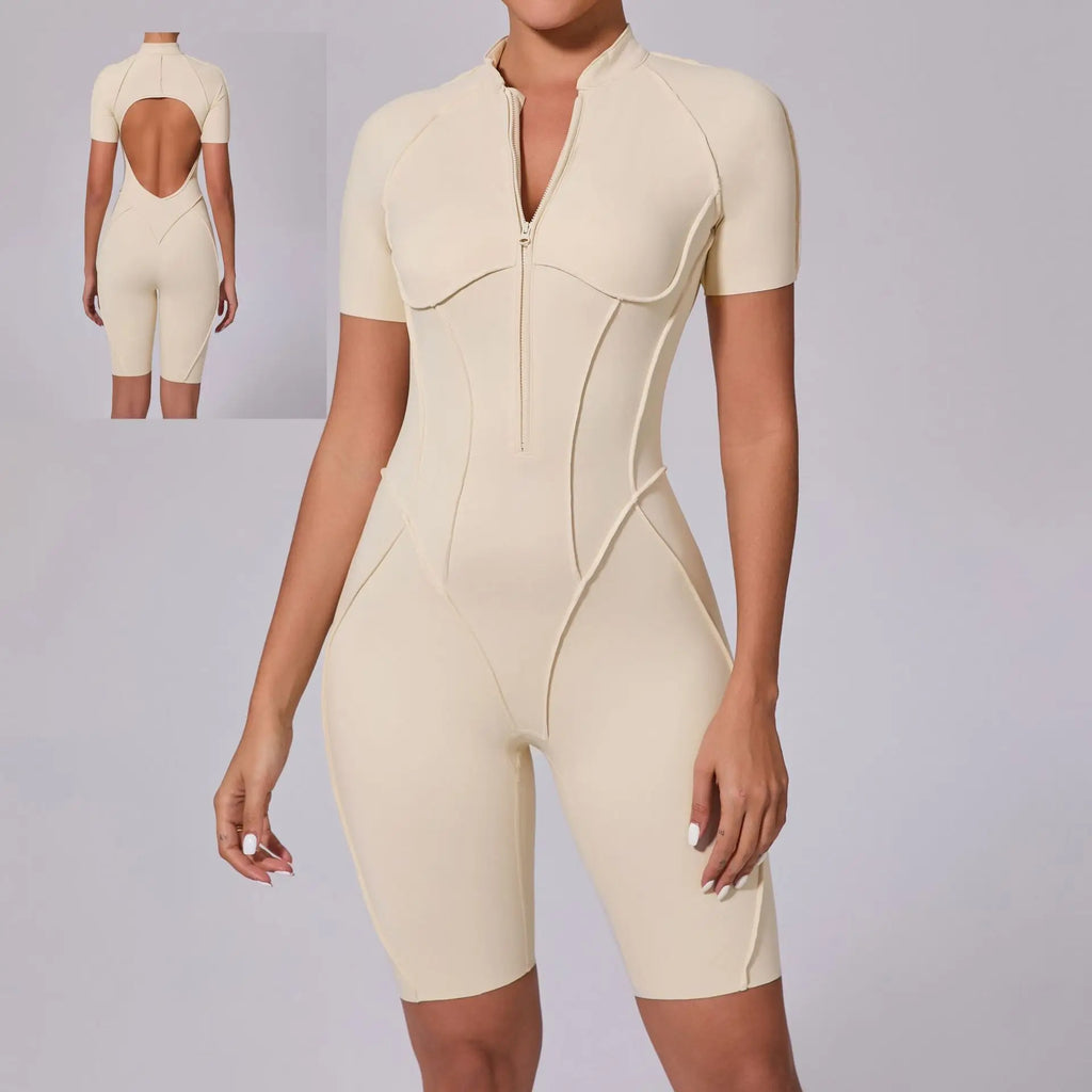 2025 Beige Women's Gym Sports Bodysuit Jumpsuit Short Sleeve Zip Backless Design Three-Dimensional Splicing New Neck Playsuits