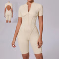 2025 Beige Women's Gym Sports Bodysuit Jumpsuit Short Sleeve Zip Backless Design Three-Dimensional Splicing New Neck Playsuits