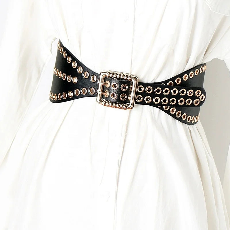 Punk Fashion Ladies Decorative Elastic Waistband Belt Black with Alloy Buckle