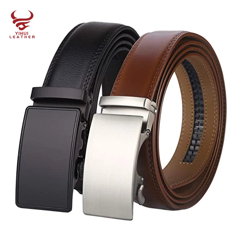 Factory Wholesale Genuine Leather Belt Man Print logo Waist Belt With Automatic Ratchet Buckle Cowhide Leather Belt for Men