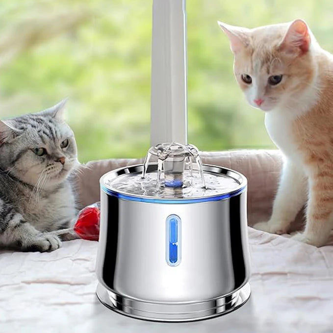 Auto Power 2.5L Stainless Steel Pet Water Fountain Portable rounded Cat Drinking Fountain with Water Level Window