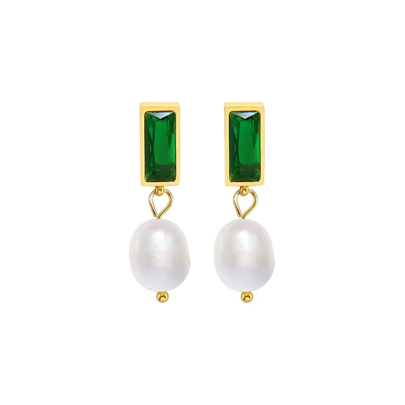 Emerald Black Zircon Baroque Fresh Water Pearl Earrings Female Stainless Steel Earring