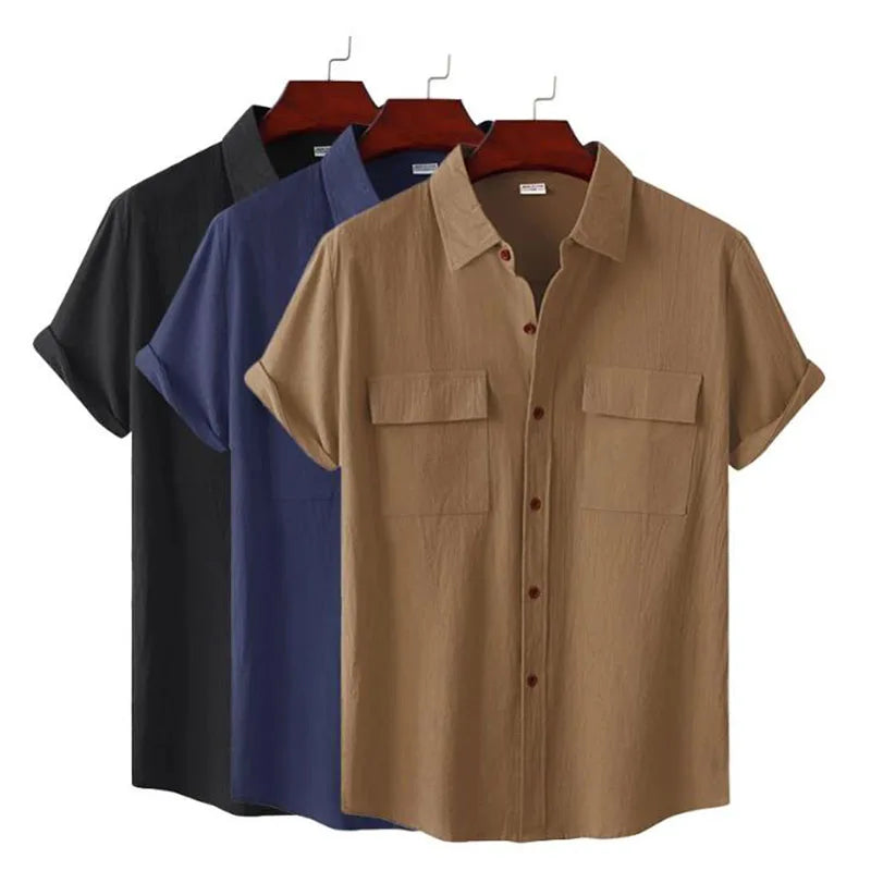 RNSHANGER Mens Cotton Summer Short Sleeve Shirt Solid Color Breathable Hawaiian Beach Men Shirts Casual Blouse With Pocket