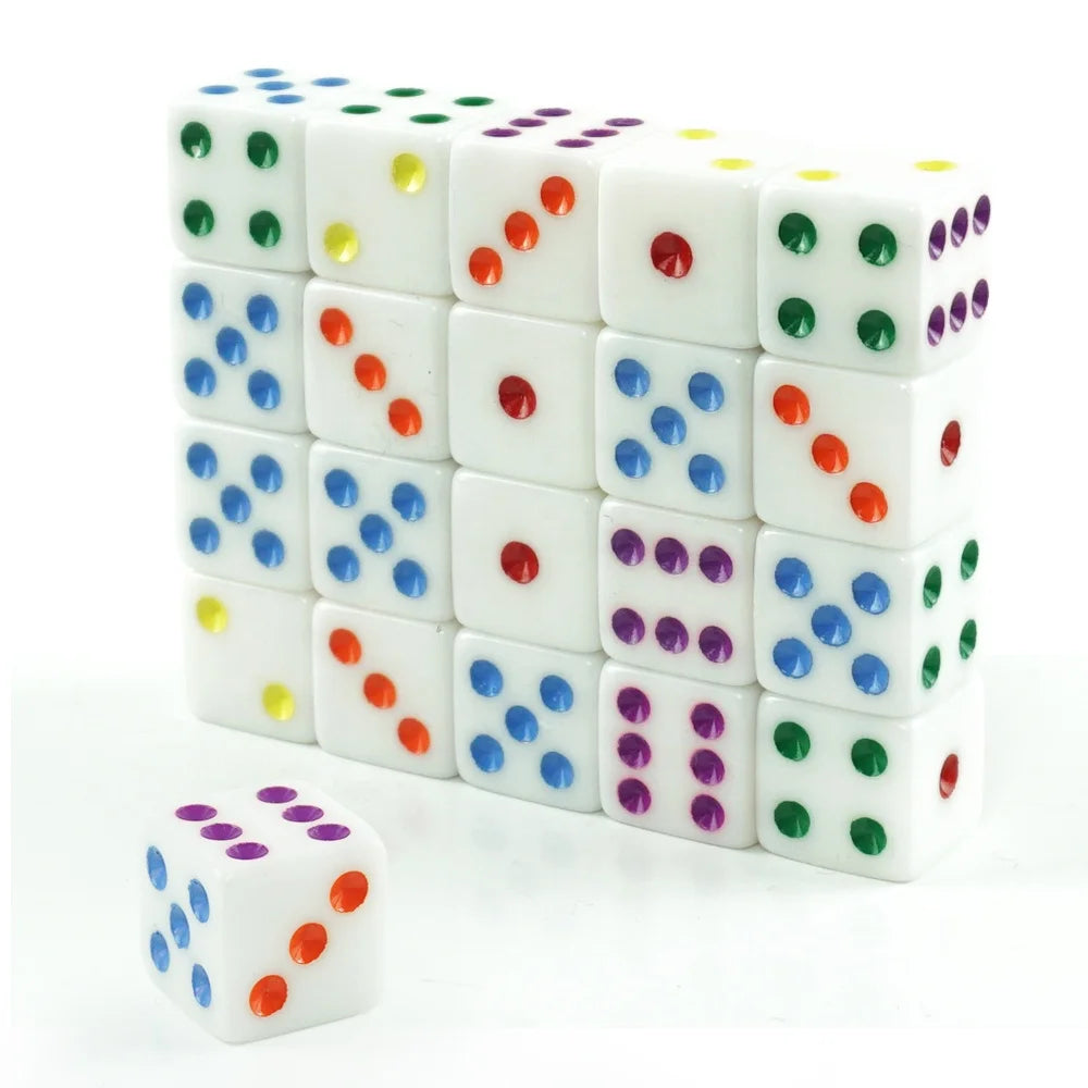 Wholesale 16mm Common Straight Corner Dice Six Sided White Dice with Multi Colored Dots for Casino Game