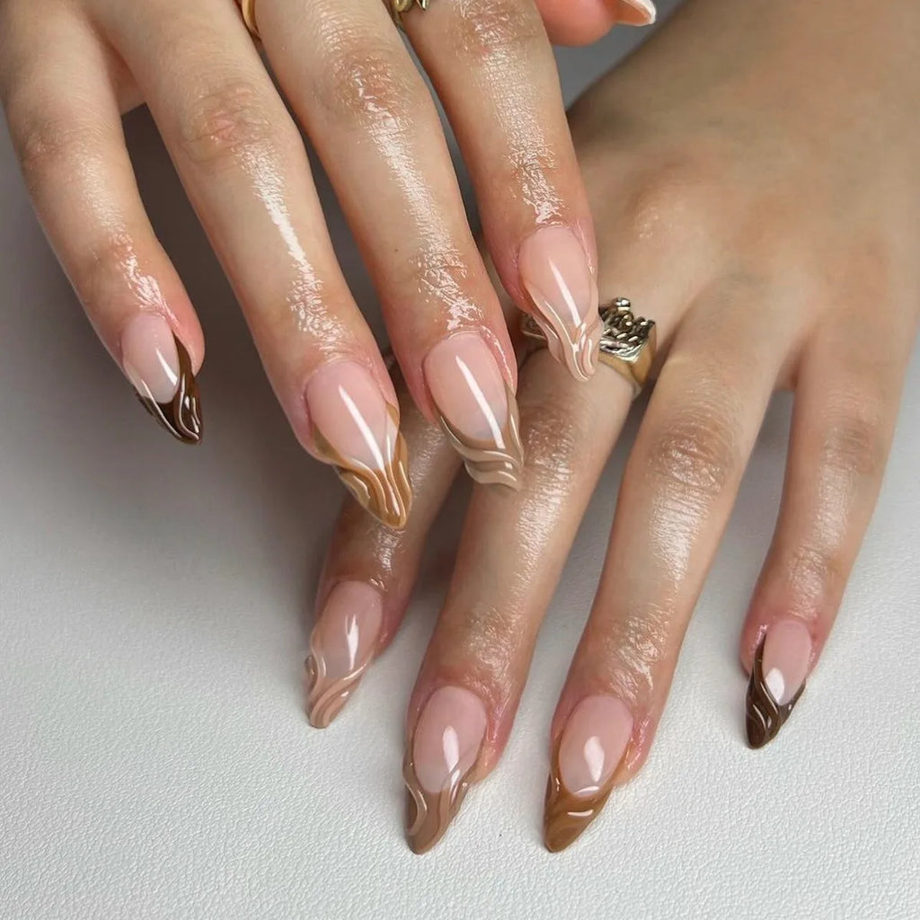 24 Pcs 3333 MÃ©lange Brown French 3D Almond Shape Nails Press on Nails Artificial Fingernails