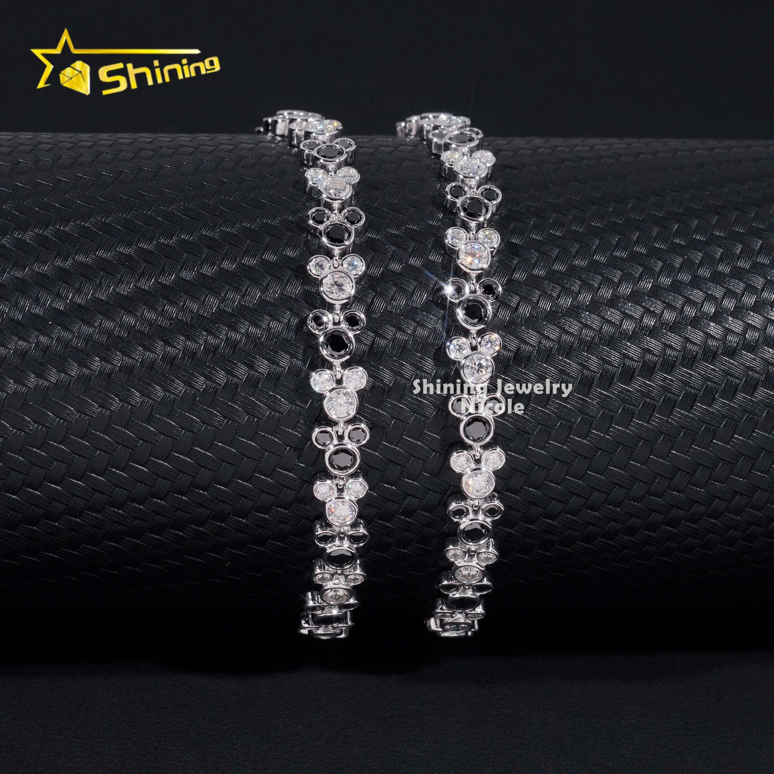 New Design Cute Mickey Black Mixed White Diamond Custom Fashion 925 Sterling Silver Moissanite Bracelet