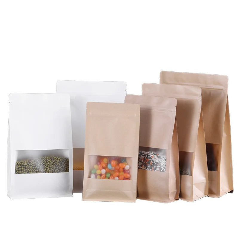 Eco-friendly Kraft Paper Pouch Zipper Flat Bottom Pouch With Window Peanut Nuts Cookie Grain Food Packaging Bags