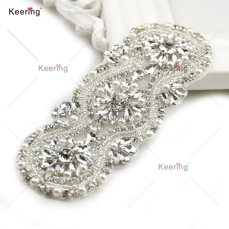 Customized Design Hot Fix Flower Bodice Rhinestone Pearl Applique Bling Crystal Appliques for Bridal Birthday Dress