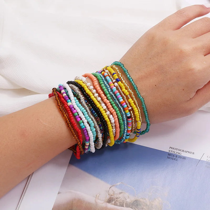 High Quality Seed Bead Bohemian Diy Elastic Women Friendship Gift Colorful Flower Design Anklet Bracelet Wholesale