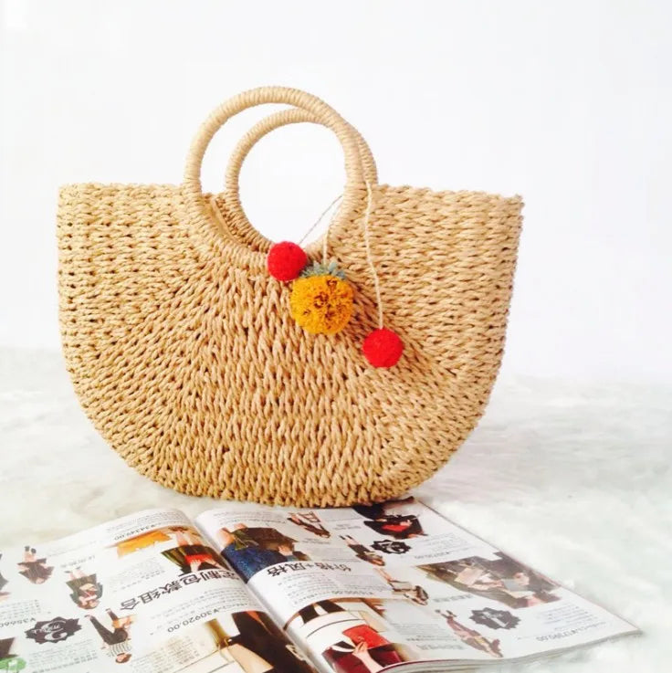 Bali Latest Women's Hand-Woven Rattan Beach Bag Open Closure Foldable Fashion Straw Bag