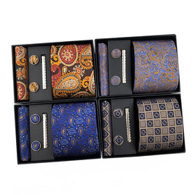 Luxury Men's Silk Paisley Necktie Set with Pocket Square Cufflinks Wedding Business Accessories Luxury Gift Box Polyester Ties