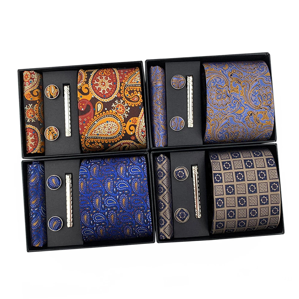 Luxury Men's Silk Paisley Necktie Set with Pocket Square Cufflinks Wedding Business Accessories Luxury Gift Box Polyester Ties