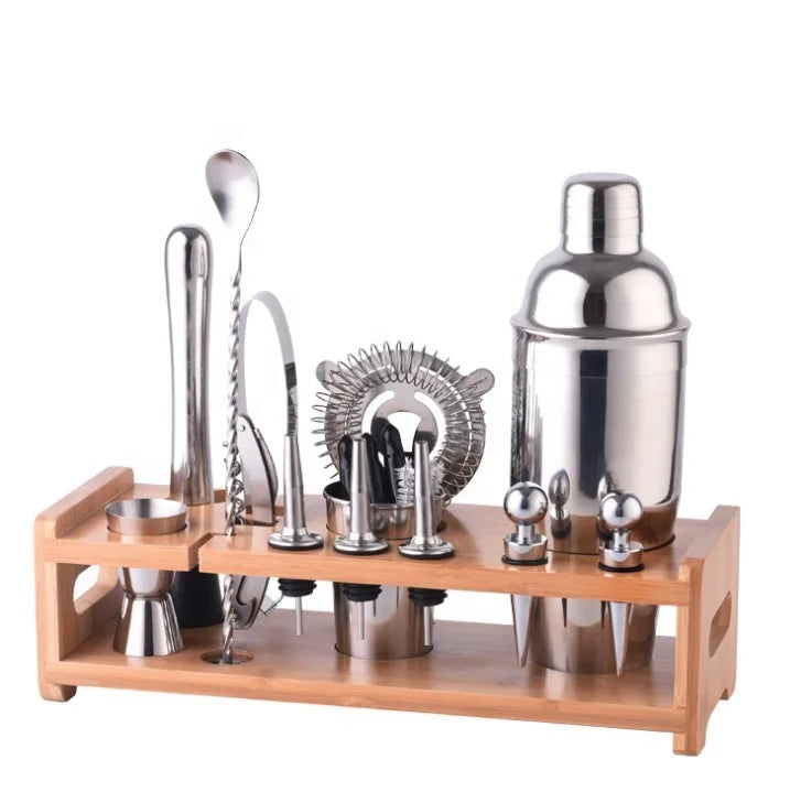 14pcs Eco-Friendly Stainless Steel Bartender Kit Set with Bamboo Stand and Customized Color