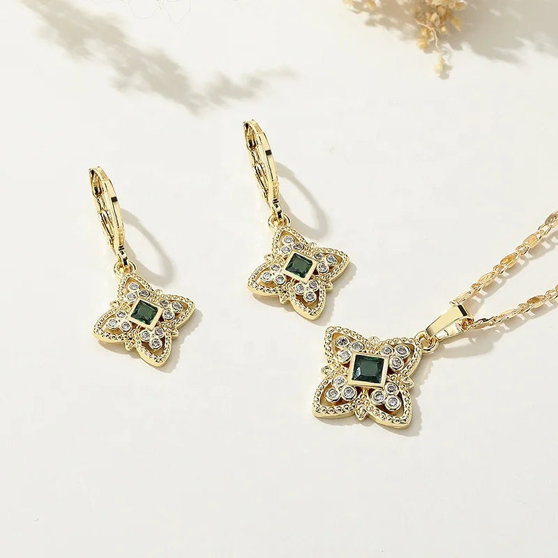 Hengdian Oro 18K Gold Plated Brass AAA Cz Zircon 3-Piece Jewelry Set-Earrings Necklace for Women's Party Wedding Gift