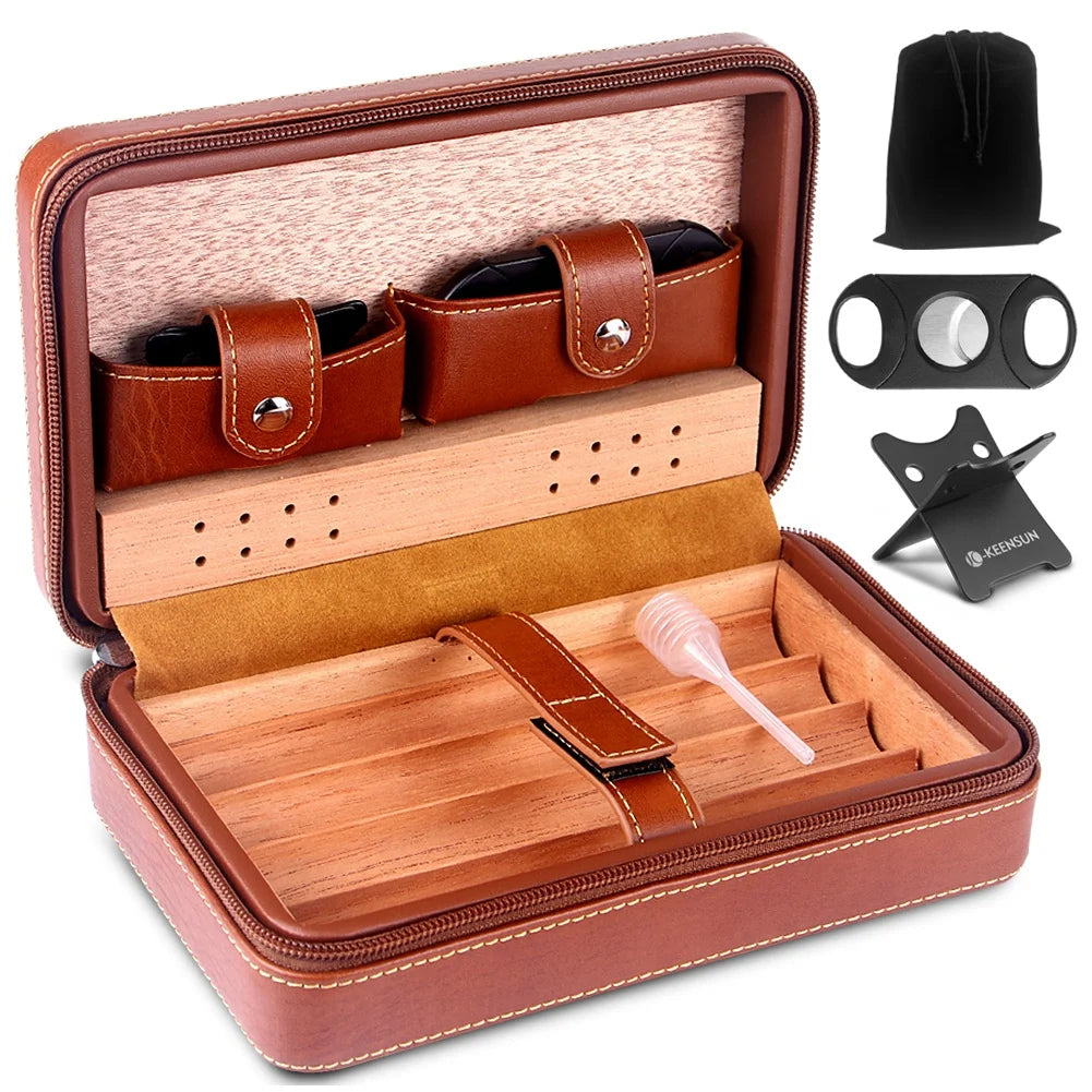 Cedar Wood Cigar Humidor Case Travel Leather Cigar Case Storage 4 Cigars Box Humidifier Humidor Box